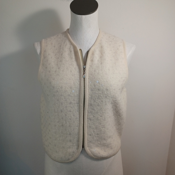ICE Sweater Vest Ivory 100% Wool Sequin Full Zip Womens Medium - Picture 9 of 11
